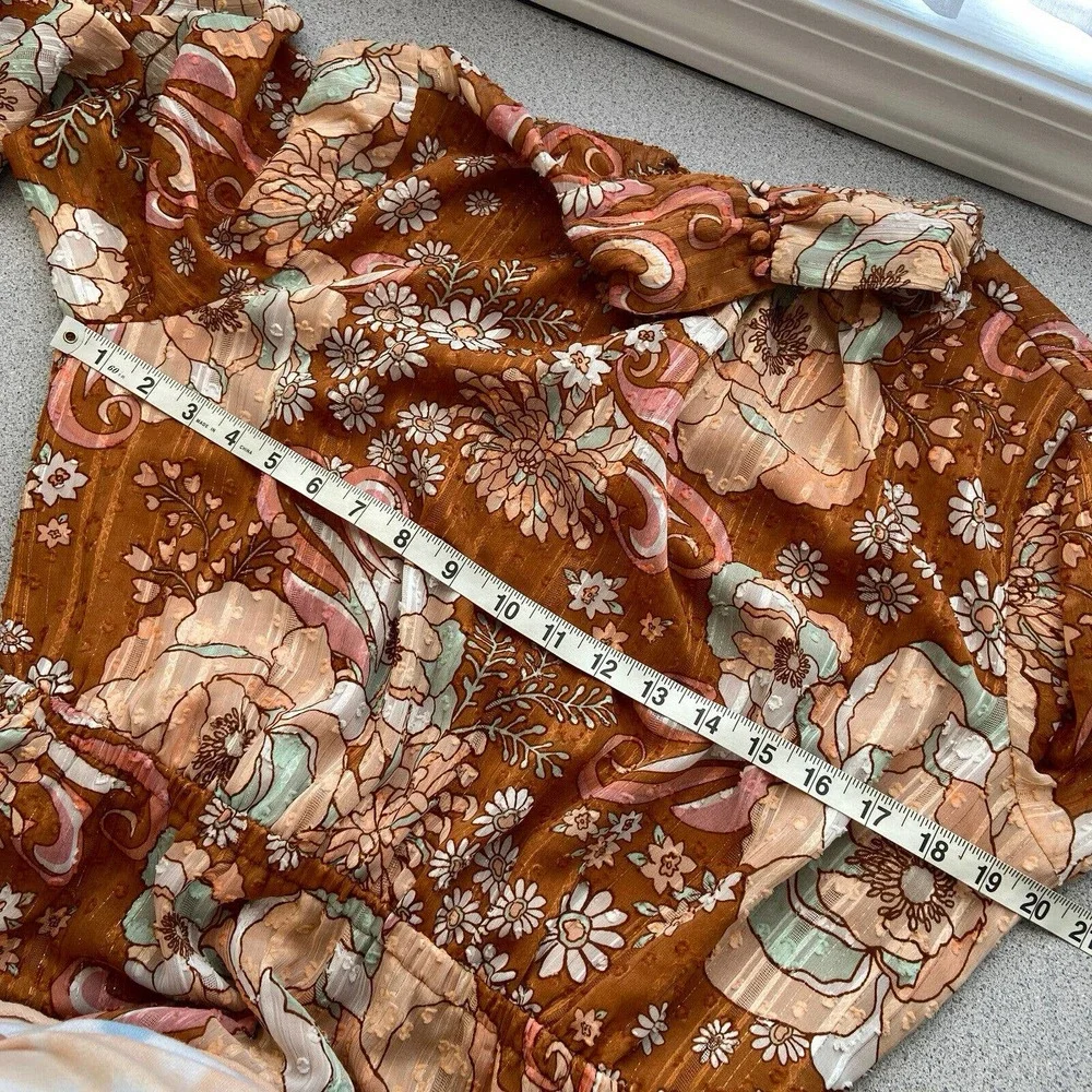 Ryegrass Large High Neck Long Sleeve Fit Flare Dress Mod Retro Rust Brown Floral - Picture 12 of 13